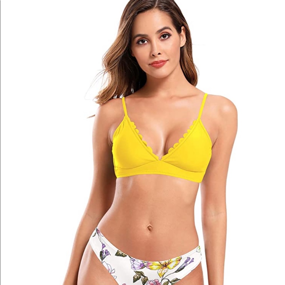 Yellow and white floral bikini with scallop trim